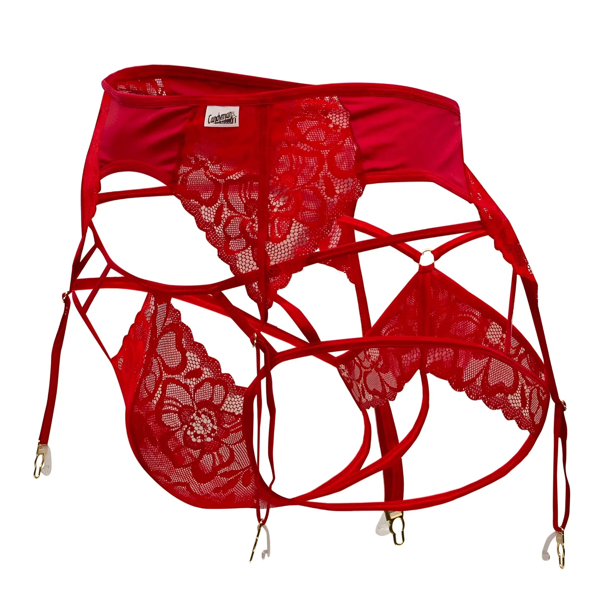 Red lace garter-jockstrap outfit candyman 99550 with intricate floral patterns satin straps and gold-toned clasps