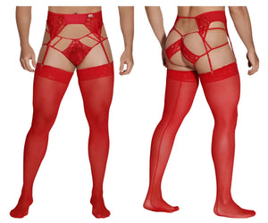 Red lace thigh-high stockings with matching garter belt in candyMan 99550 lace garter-jockstrap outfit red