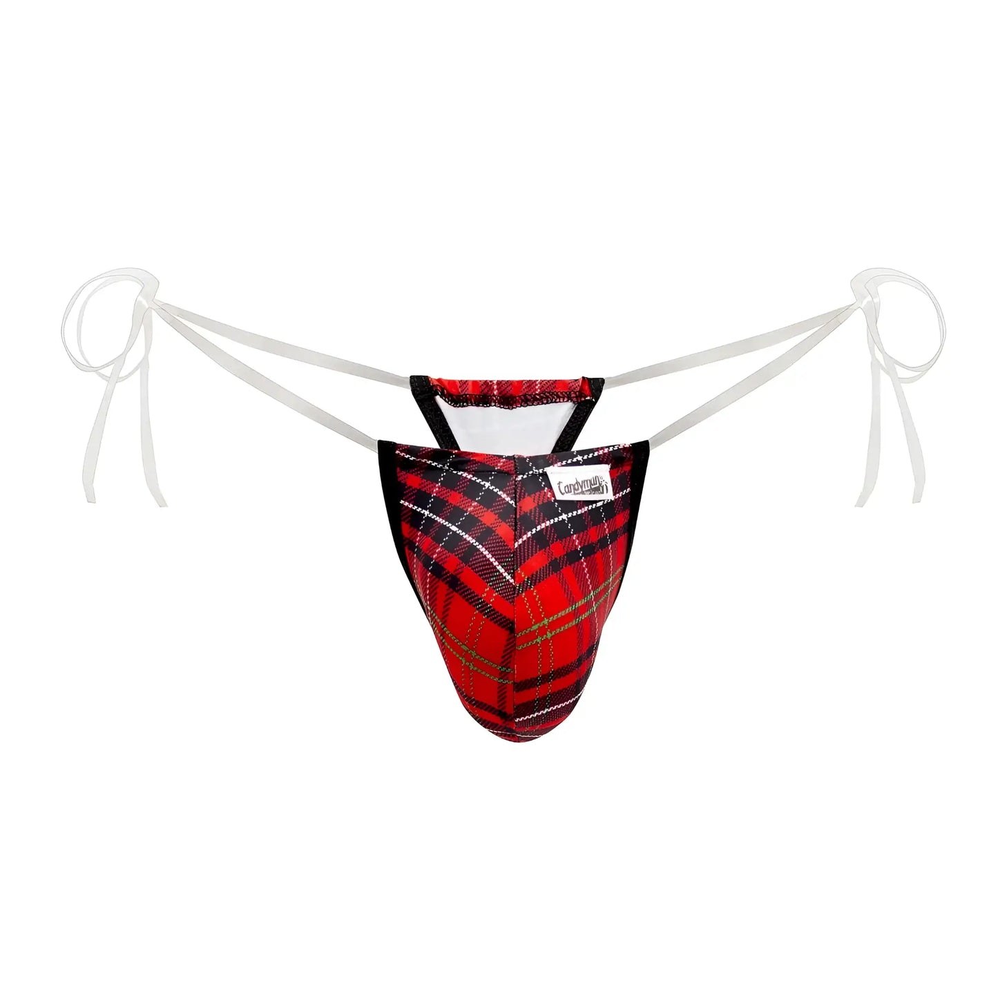 Red and black plaid candyMan 99571X invisible micro g-string thong with white ties for men