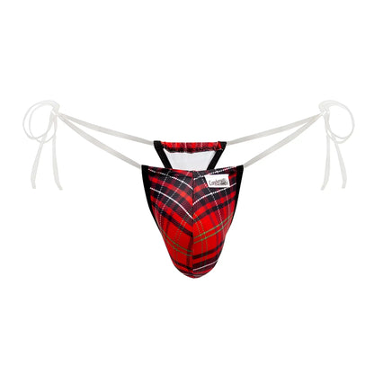 Red and black plaid candyMan 99571X invisible micro g-string thong with white ties for men