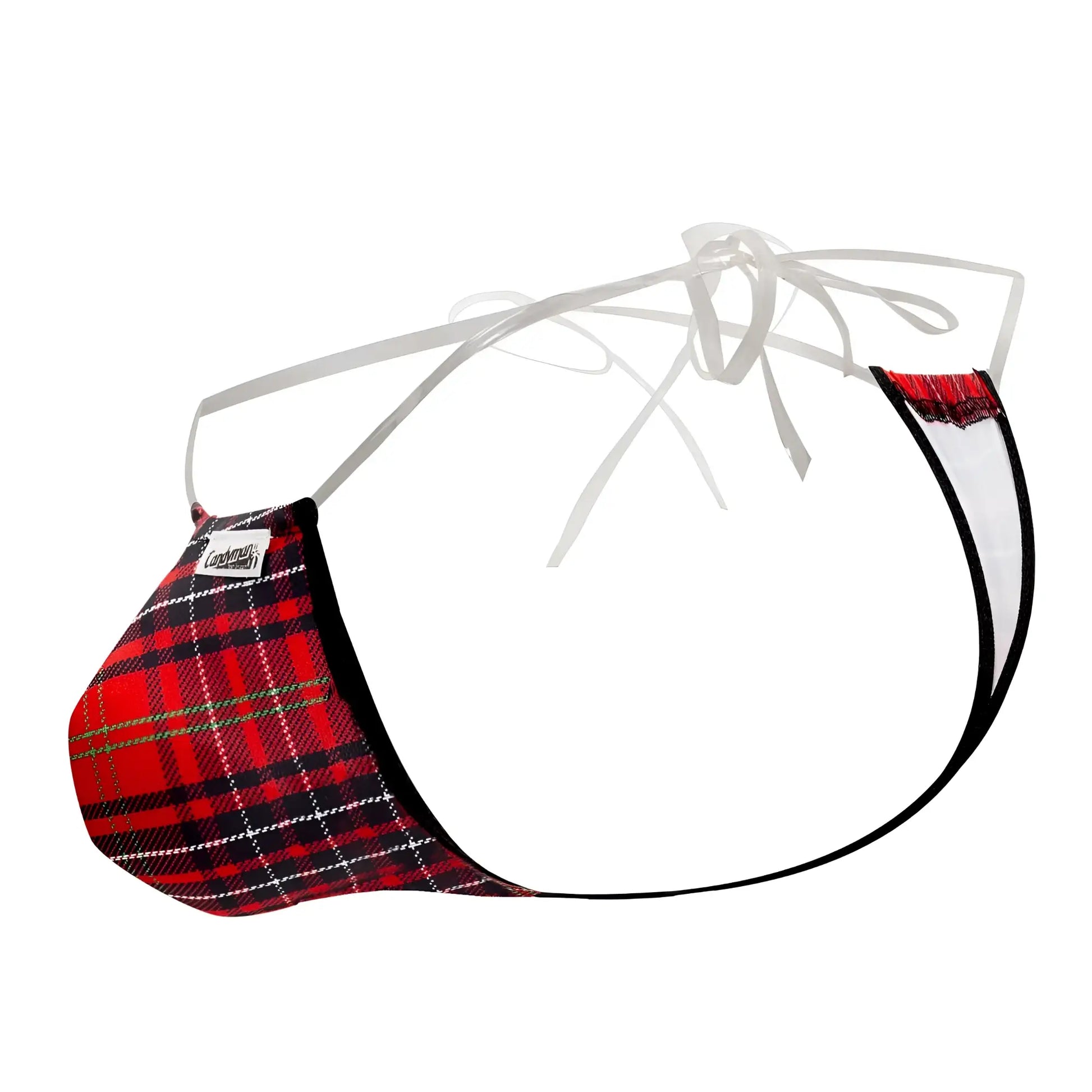 Red and black plaid patterned CandyMan 99571X invisible micro g-string with white lace trim for men