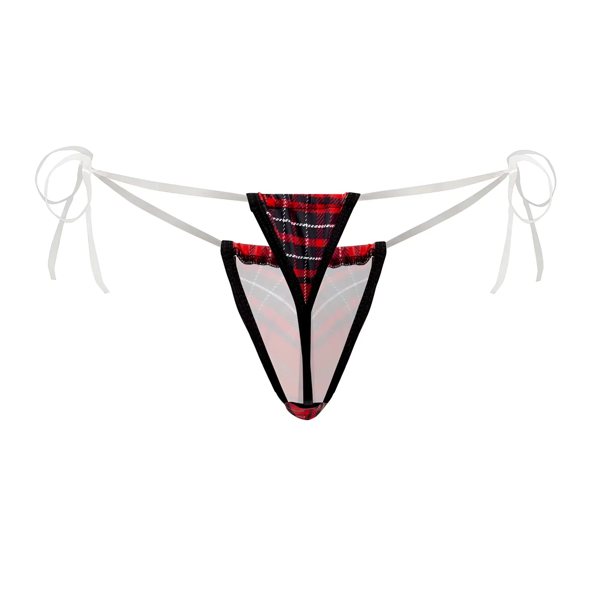 Red and black plaid candy man 99571x invisible micro g-string thong with sheer mesh panels and white ribbon ties