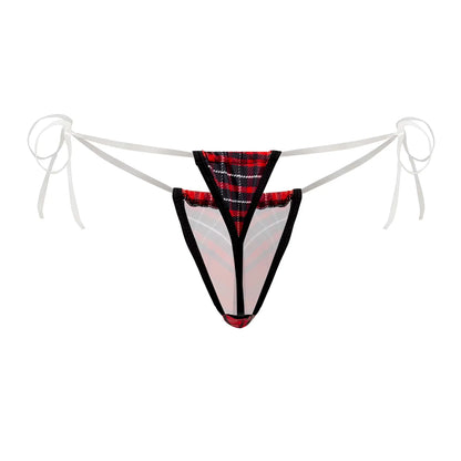 Red and black plaid candy man 99571x invisible micro g-string thong with sheer mesh panels and white ribbon ties