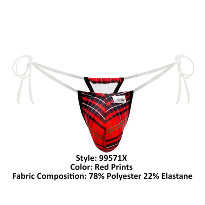 CandyMan 99571X red plaid men’s thong with white ties and black trim made of 78 polyester 22 elastane