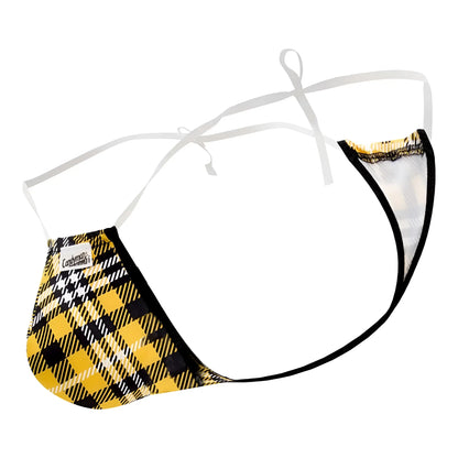 Yellow and black plaid patterned mens thong with white ties candyMan 99571X invisible micro g-string in yellow print