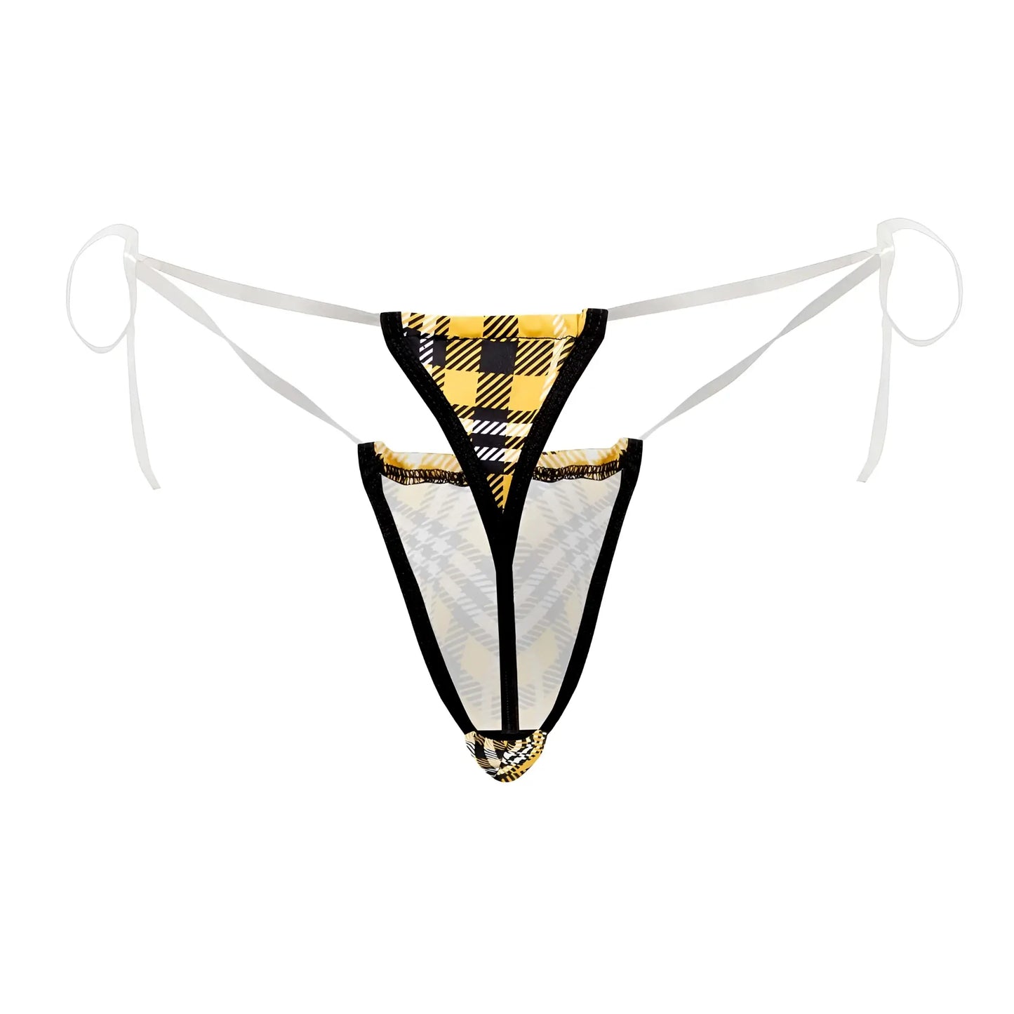 Yellow and black plaid patterned candyMan 99571X invisible micro g-string thong with sheer mesh and black elastic trim