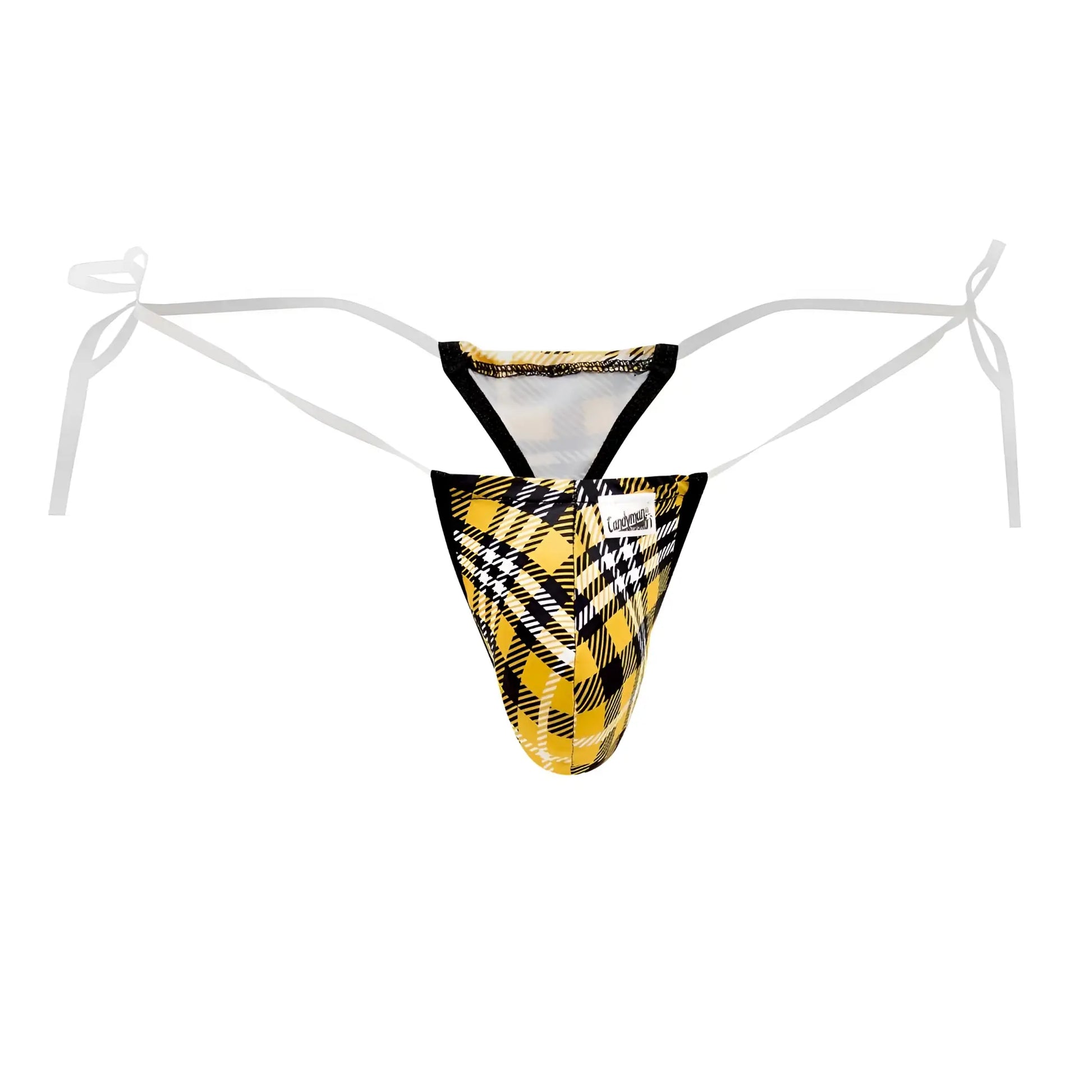 Yellow and black plaid patterned mens thong with white ties candy man 99571x invisible micro g string visible front