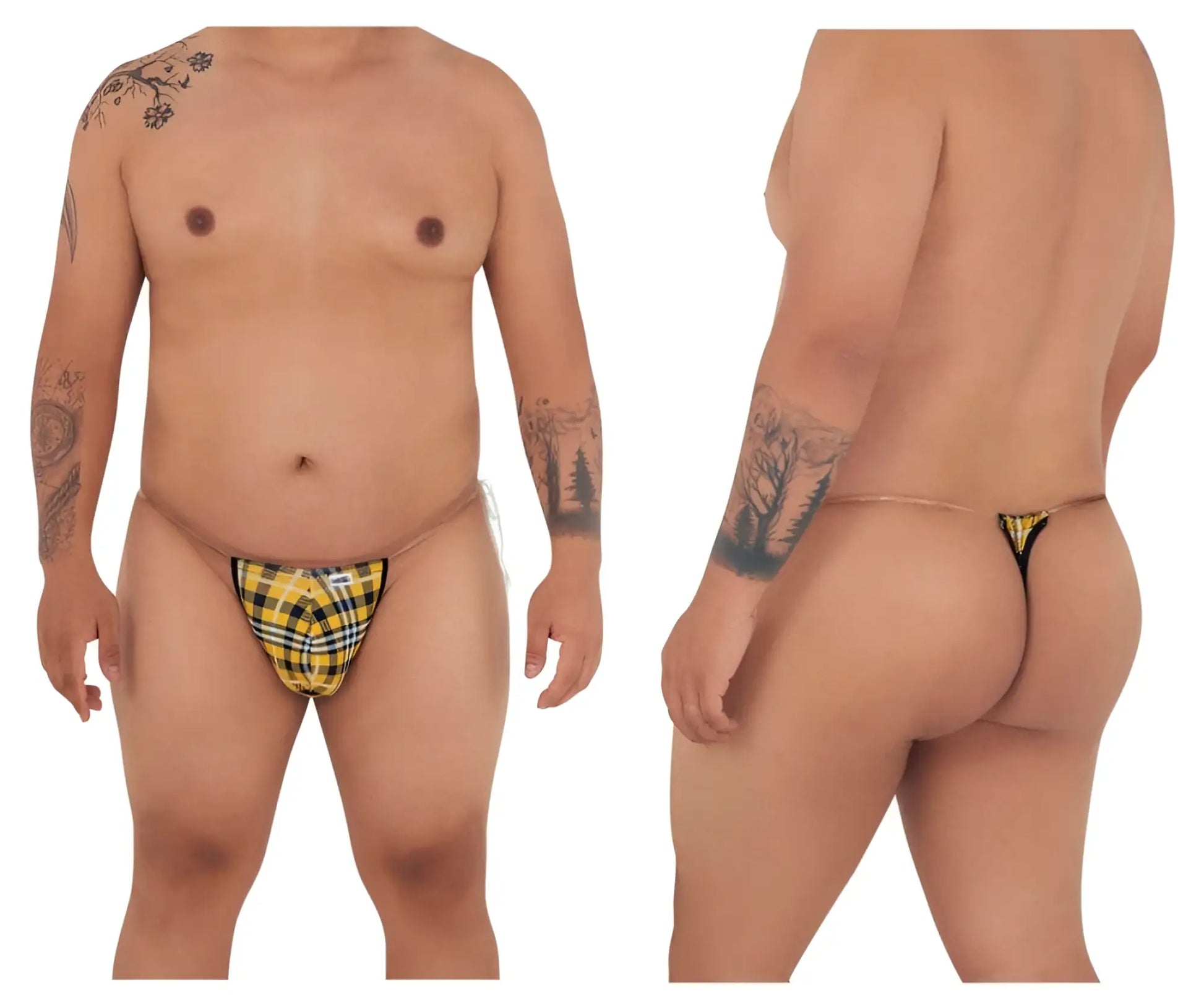 Yellow and black plaid thong with thin elastic waistband candyMan 99571X invisible micro g-string back view