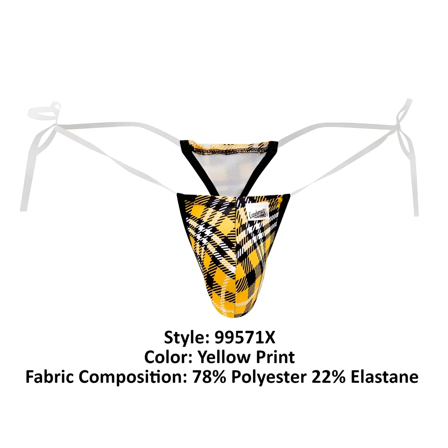 Yellow plaid patterned men’s thong with black and white accents and adjustable white tie straps seen from back side