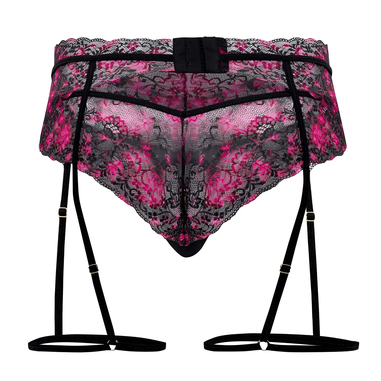 CandyMan 99576X pink and black floral lace garter belt with adjustable straps for lingerie use