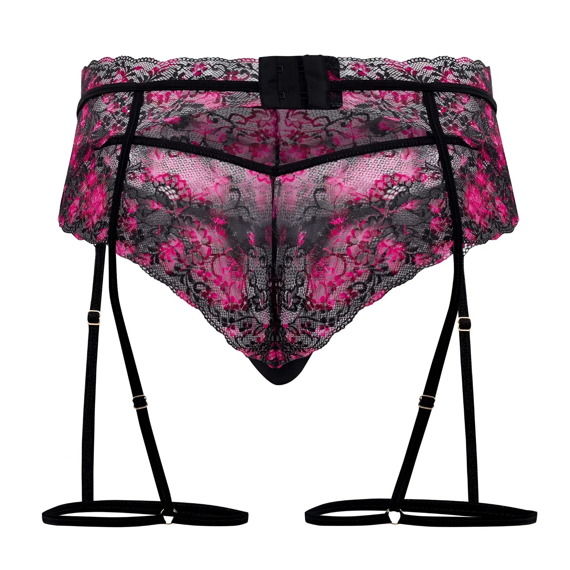 CandyMan 99576X pink and black floral lace garter belt with adjustable straps for lingerie use