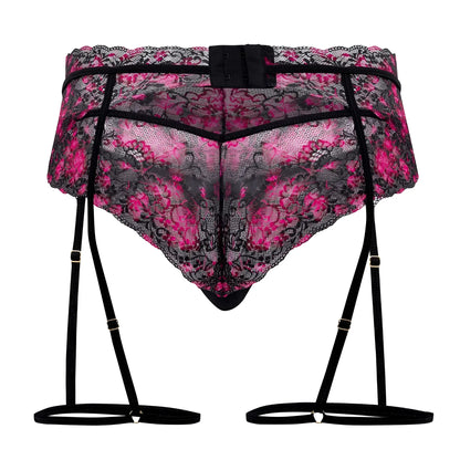 CandyMan 99576X pink and black floral lace garter belt with adjustable straps for lingerie use