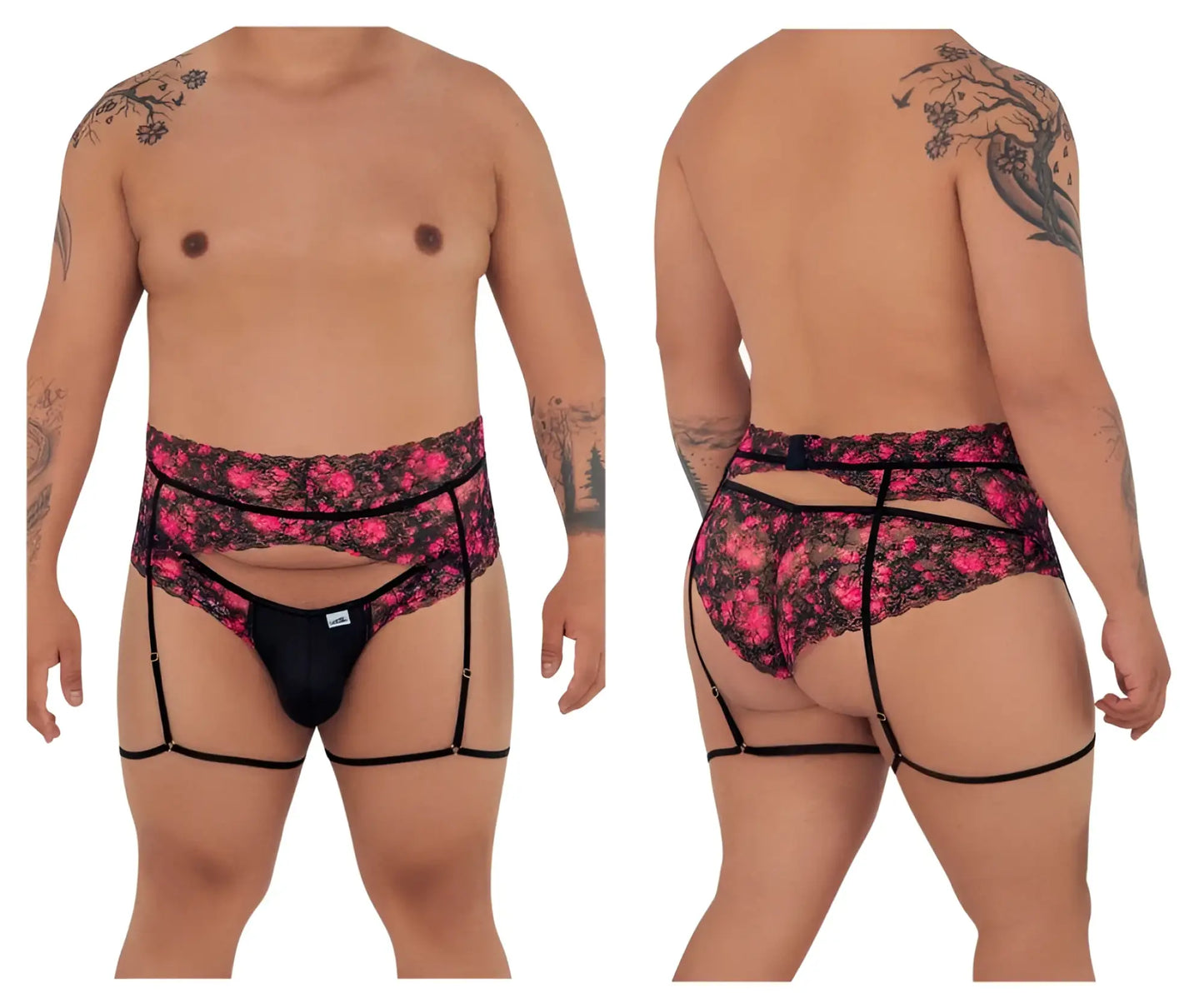 CandyMan 99576X black and pink floral lace garter belt with matching thong for elegant lingerie wear