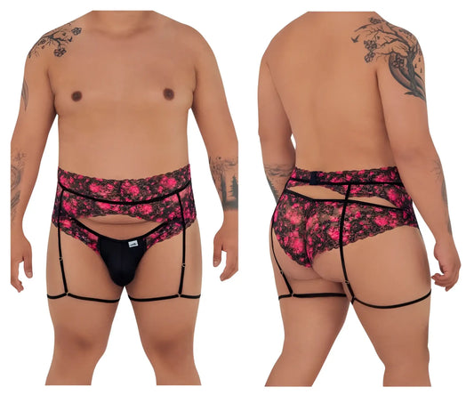 CandyMan 99576X black and pink floral lace garter belt with matching thong for elegant lingerie wear