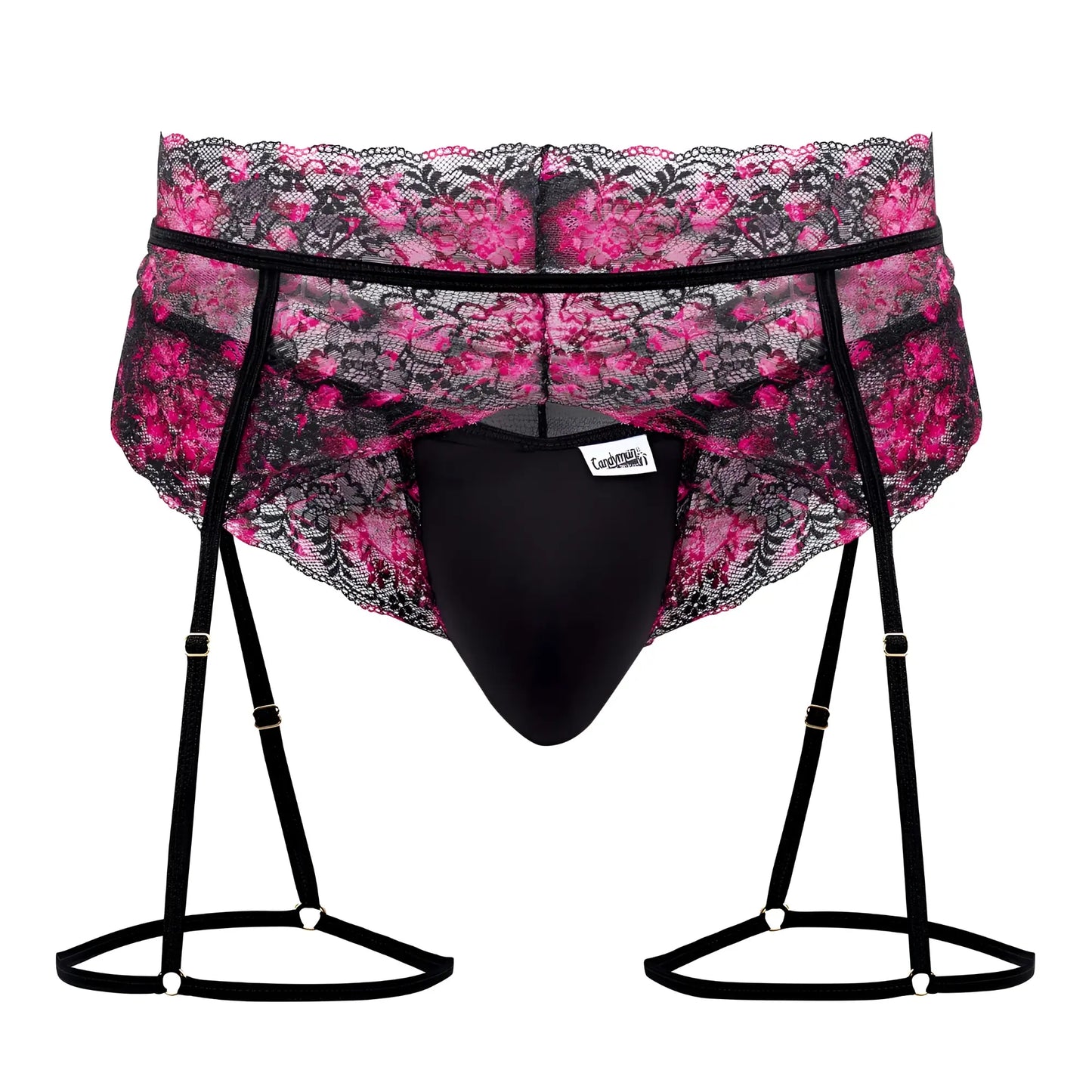 Black lace suspenders with pink floral pattern and black elastic straps from candyman 99576x lace garter thongs