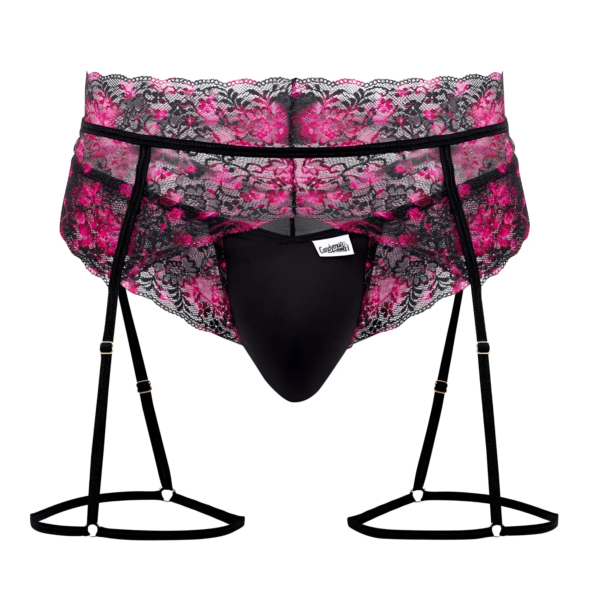 Black lace suspenders with pink floral pattern and black elastic straps from candyman 99576x lace garter thongs