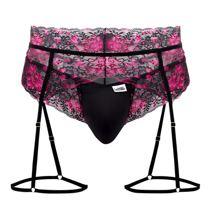Black lace suspenders with pink floral pattern and black elastic straps from candyman 99576x lace garter thongs
