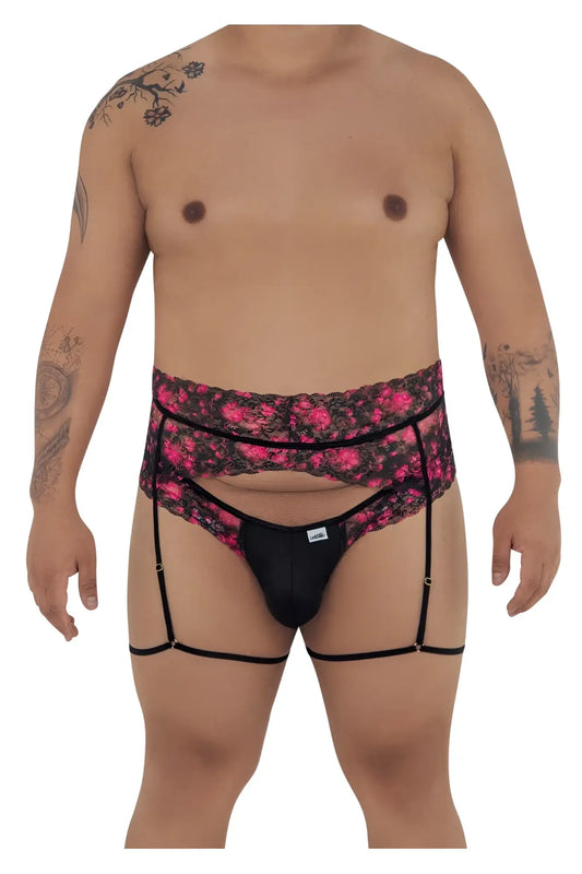 CandyMan 99576X black lace garter belt with pink floral print and adjustable straps for lingerie use