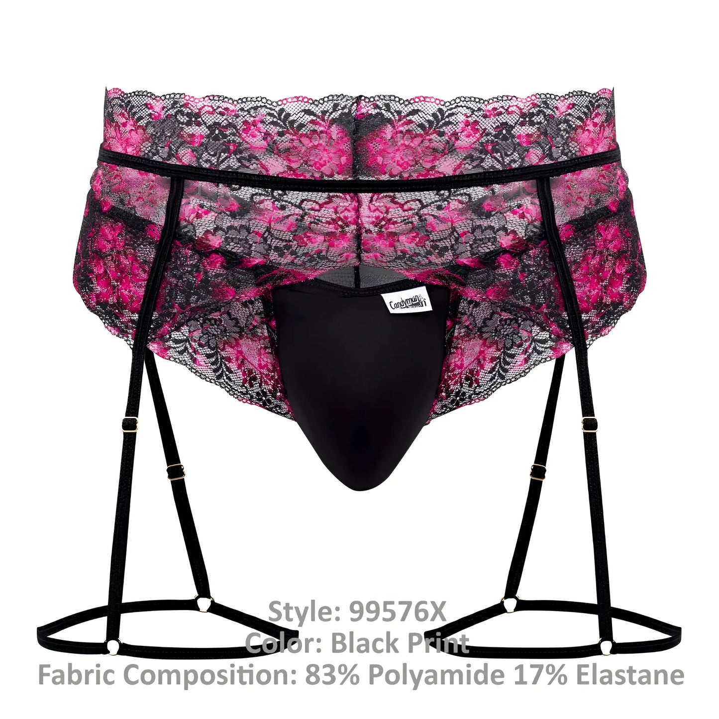 Black lace-trimmed men’s briefs with pink floral print and adjustable suspenders candyMan 99576X lace garter thongs