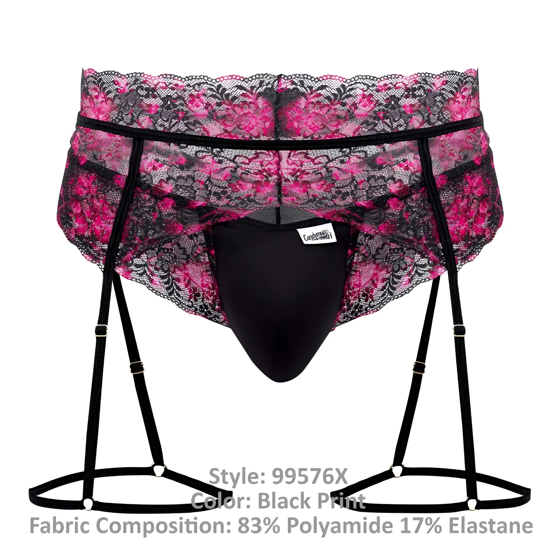 Black lace-trimmed men’s briefs with pink floral print and adjustable suspenders candyMan 99576X lace garter thongs