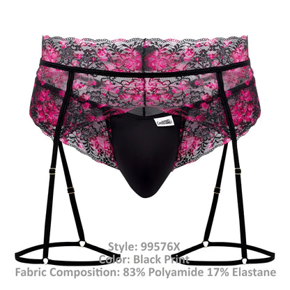 Black lace-trimmed men’s briefs with pink floral print and adjustable suspenders candyMan 99576X lace garter thongs