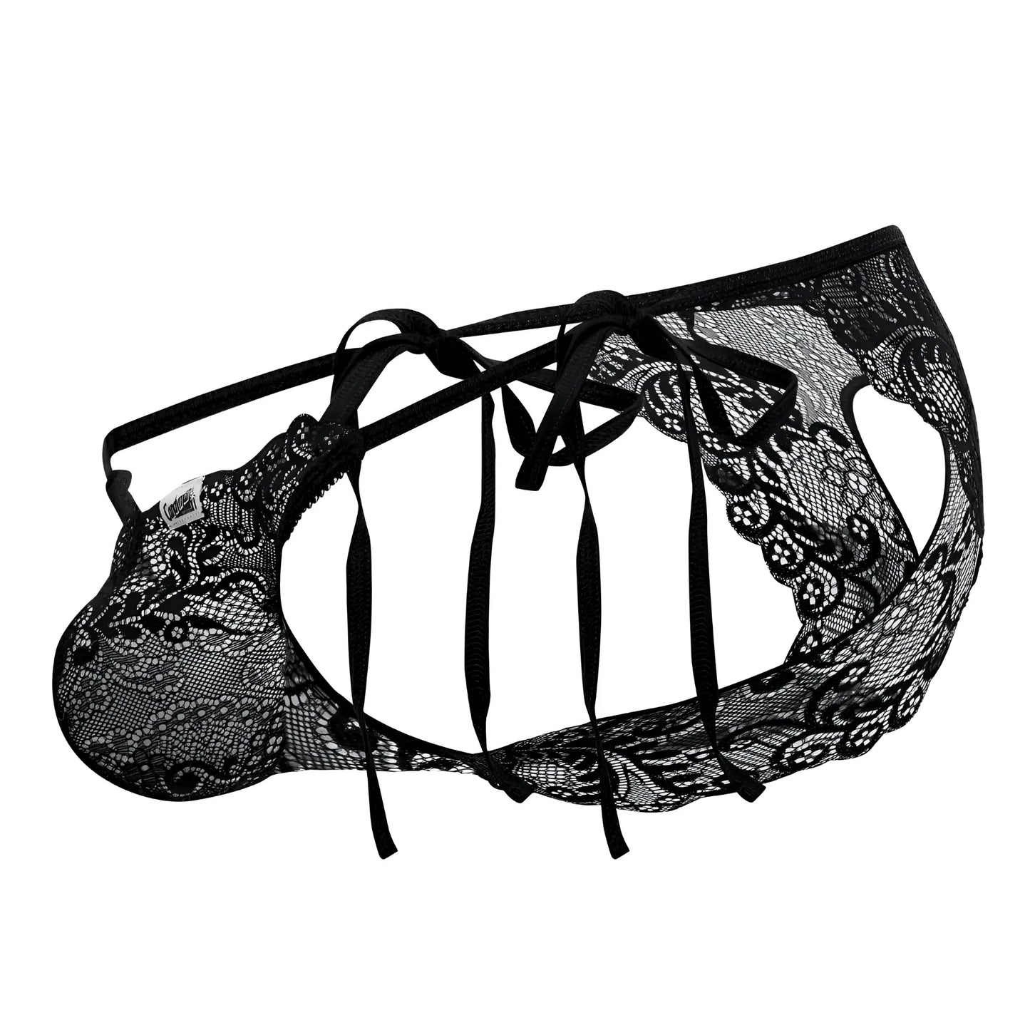 Black lace mens lingerie bikini with intricate floral patterns and adjustable tie-back straps candyMan 99579 black