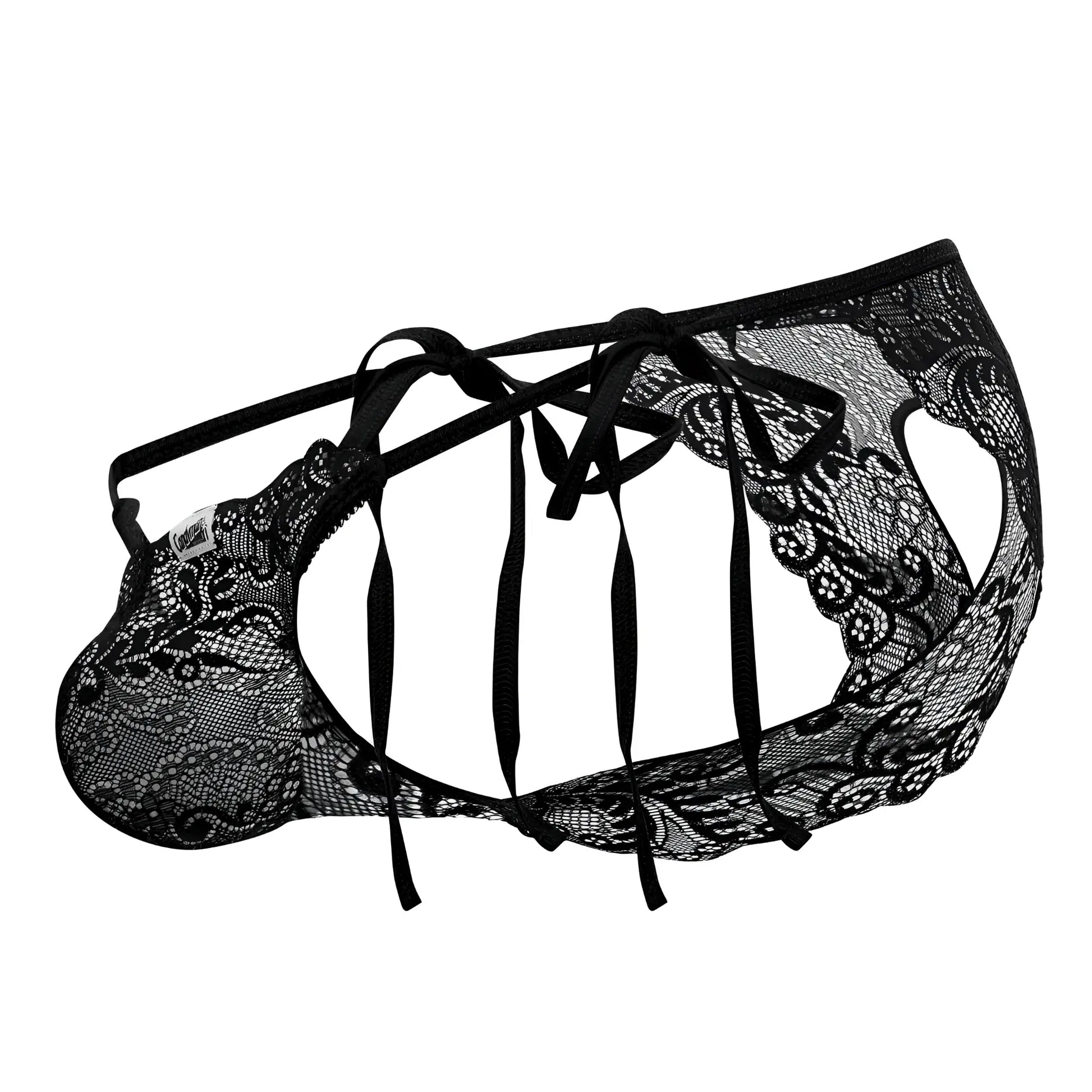 Black lace mens lingerie bikini with intricate floral patterns and adjustable tie-back straps candyMan 99579 black