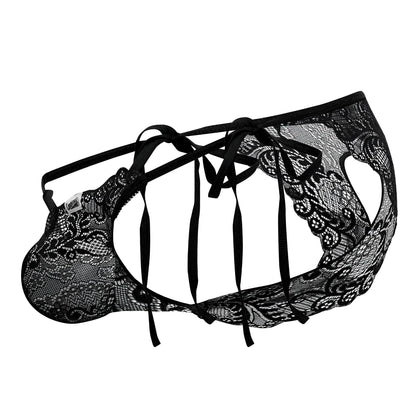 Black lace mens lingerie bikini with intricate floral patterns and adjustable tie-back straps candyMan 99579 black