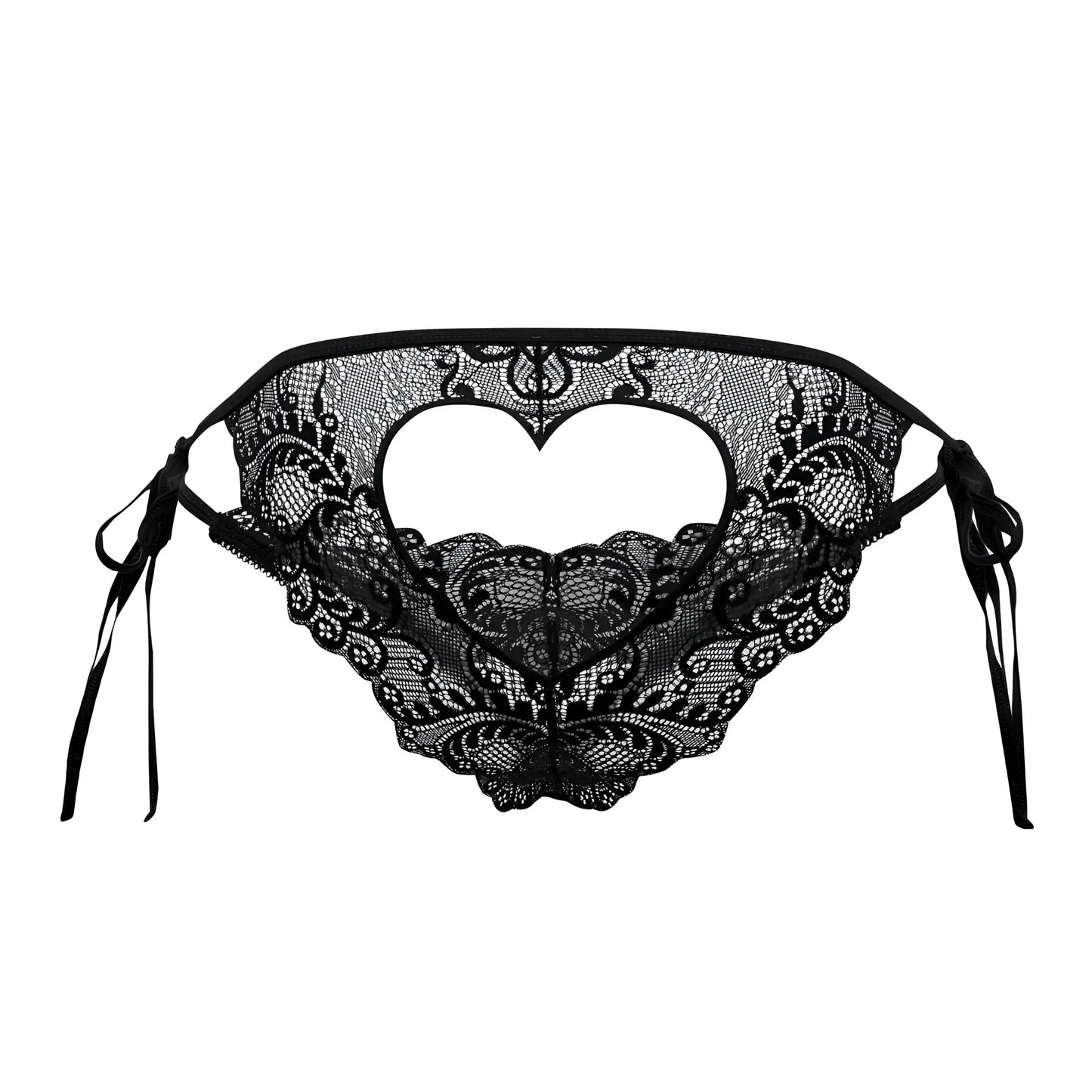 Black lace bikini bottom candyMan 99579 with heart-shaped cutout and tied side strings in black color