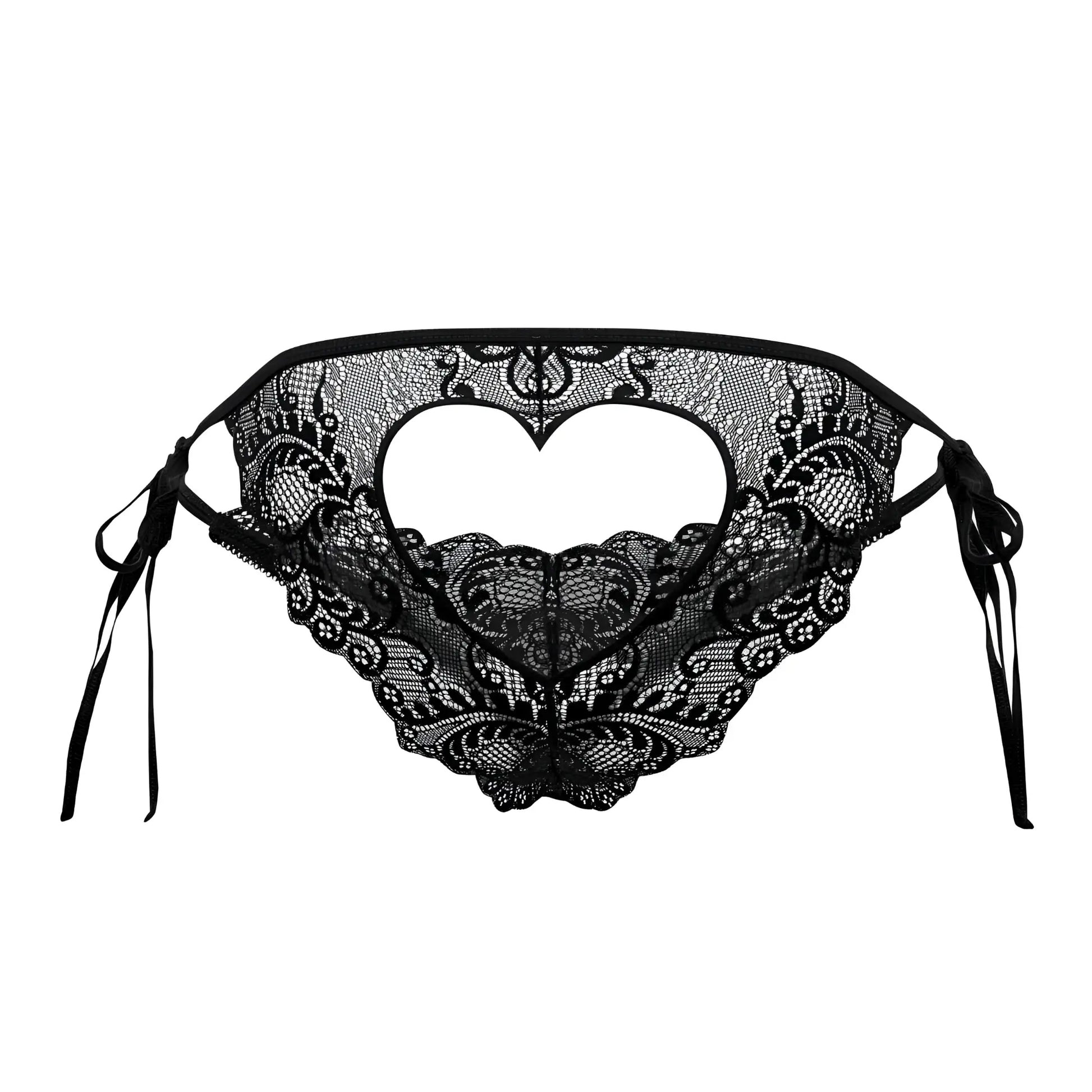Black lace bikini bottom candyMan 99579 with heart-shaped cutout and tied side strings in black color
