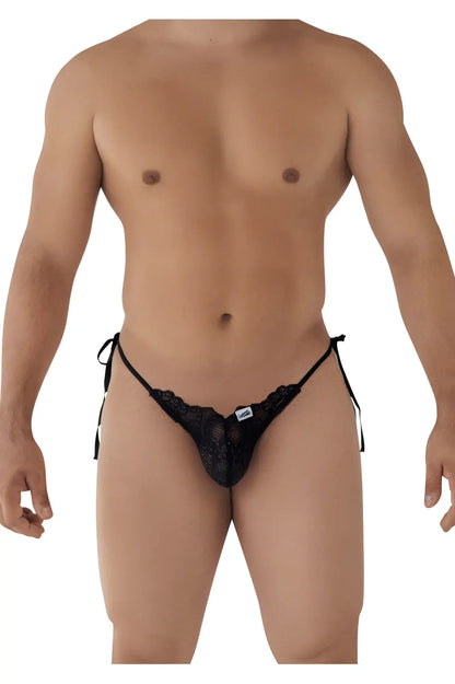 Black lace thong CandyMan 99579 lace heart bikini with adjustable side ties showing back view