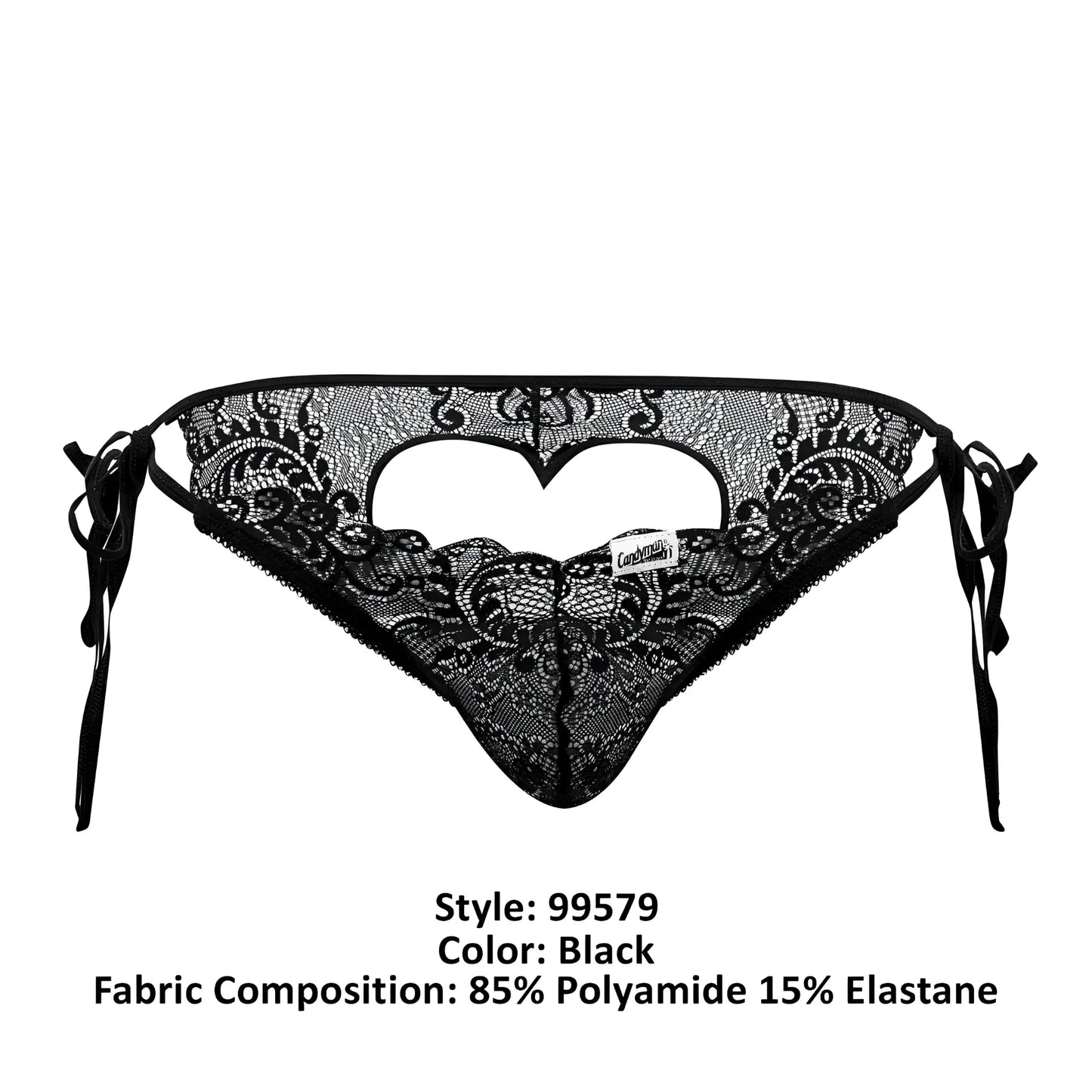 Black lace thong candyMan 99579 with intricate floral patterns and heart-shaped cutout in black lace bikini style