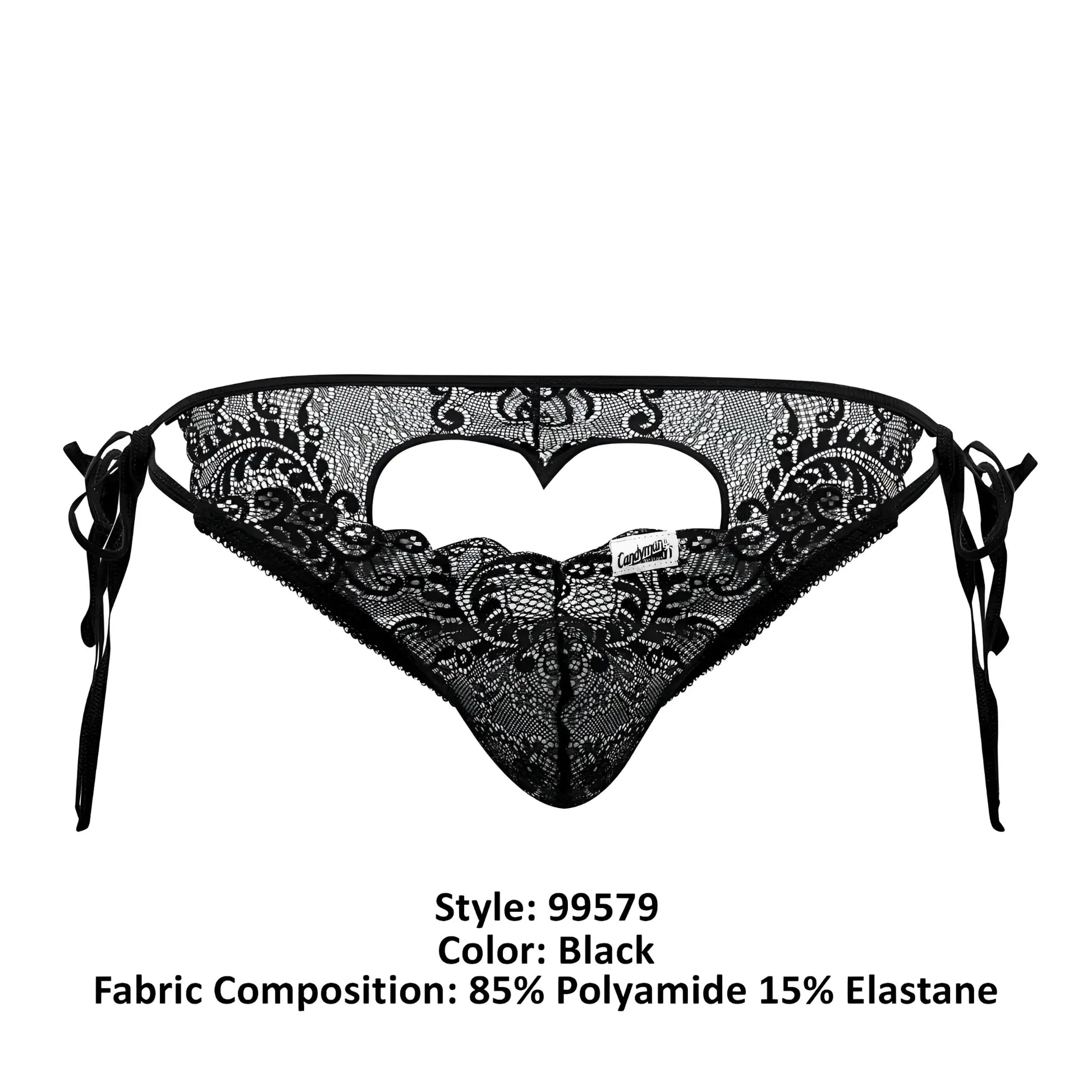 Black lace thong candyMan 99579 with intricate floral patterns and heart-shaped cutout in black lace bikini style
