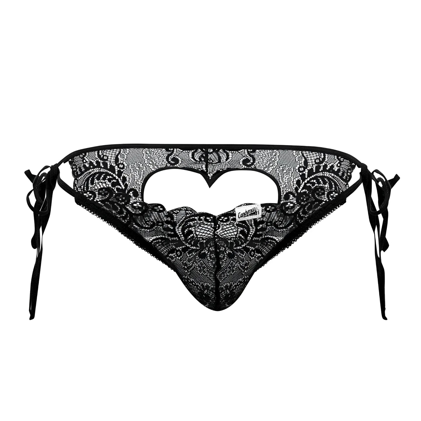 Black lace thong candyMan 99579 with intricate floral patterns and heart-shaped cutout in black lace material