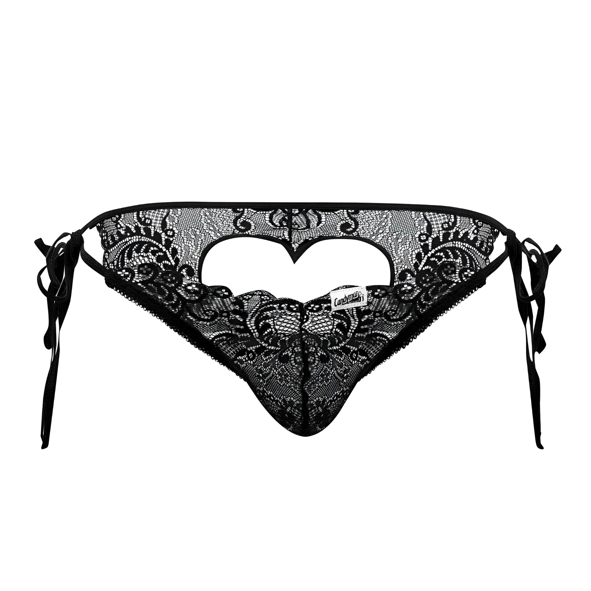 Black lace thong candyMan 99579 with intricate floral patterns and heart-shaped cutout in black lace material