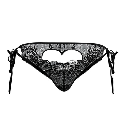 Black lace thong candyMan 99579 with intricate floral patterns and heart-shaped cutout in black lace material