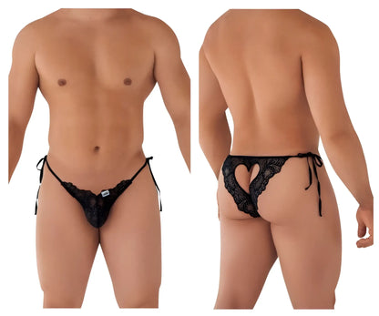 Black lace thong with heart-shaped cutout and adjustable side ties from CandyMan 99579 in black