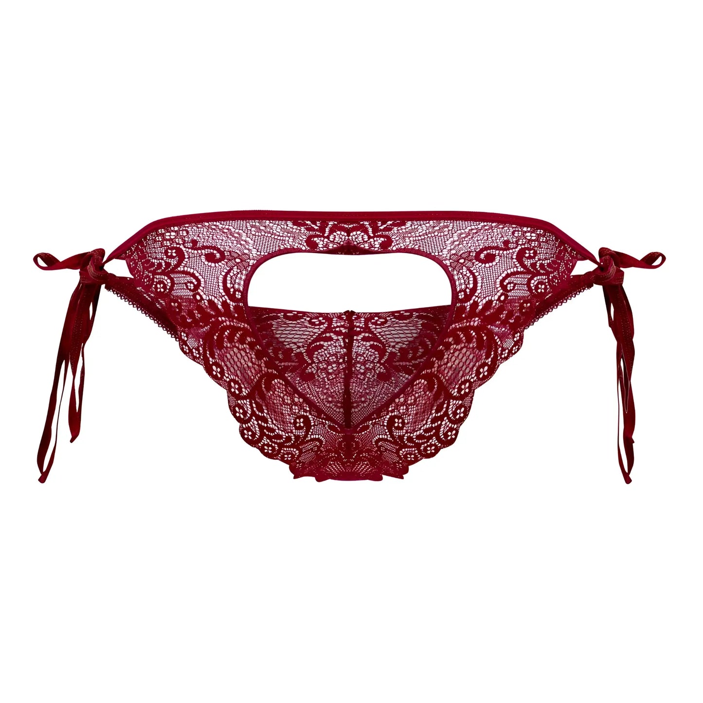 Deep red lace bikini bottom with intricate floral patterns and tied side ties from candyman 99579 lace heart burgundy