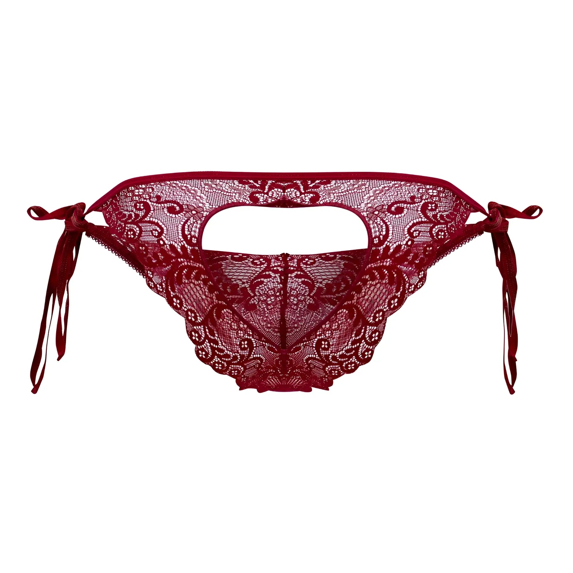 Deep red lace bikini bottom with intricate floral patterns and tied side ties from candyman 99579 lace heart burgundy