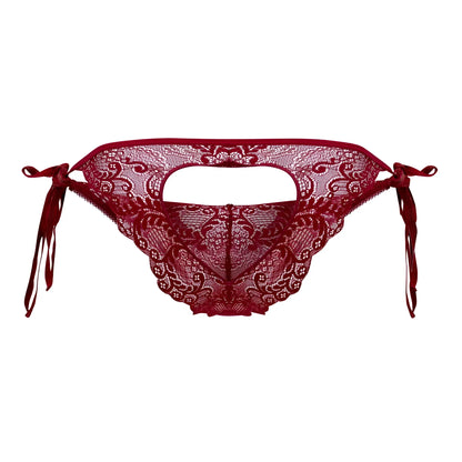 Deep red lace bikini bottom with intricate floral patterns and tied side ties from candyman 99579 lace heart burgundy