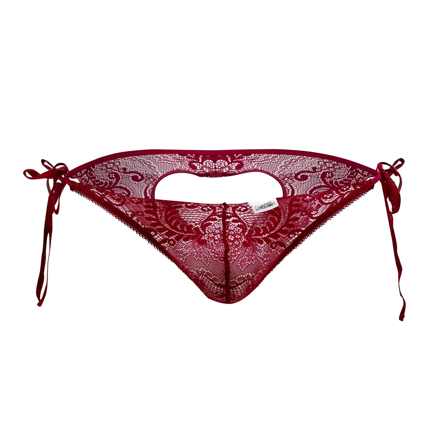 A deep red CandyMan 99579 lace heart bikini bottom with intricate floral patterns and tied side ties in burgundy