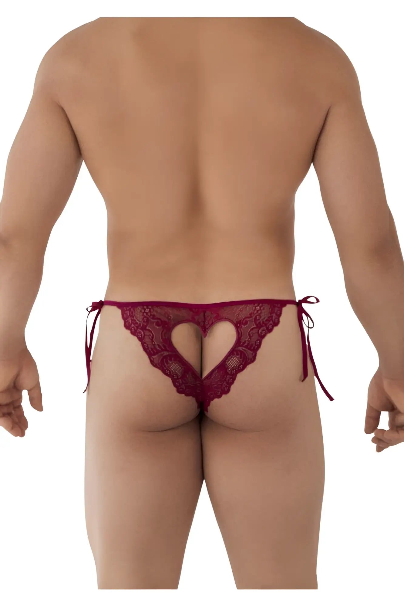 Deep red lace thong with heart-shaped cutout and tied side strings candyMan 99579 lace heart bikini burgundy