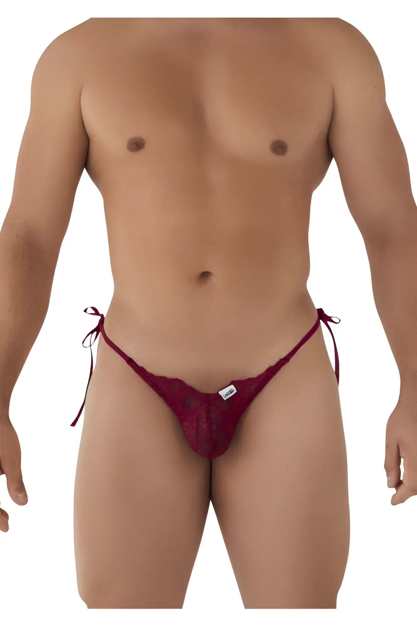 A deep red lace thong with tied side strings from Candyman 99579 lace heart bikini in burgundy color