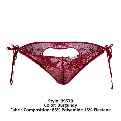 Burgundy lace heart bikini bottom candyman 99579 with intricate floral patterns and adjustable side ties