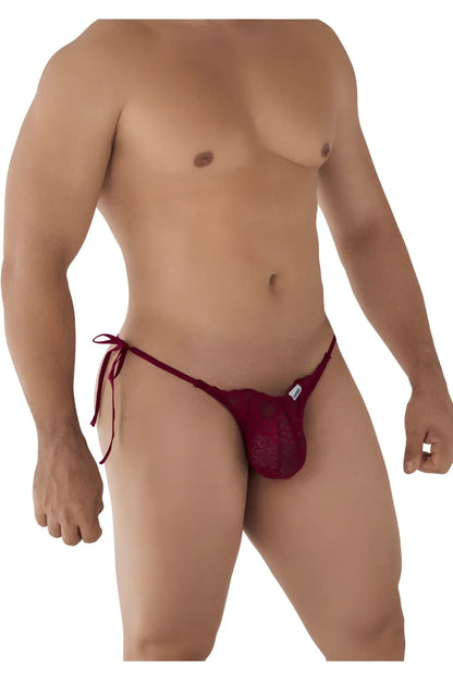 A burgundy CandyMan 99579 lace heart bikini thong with a side tie and small brand tag in maroon lace