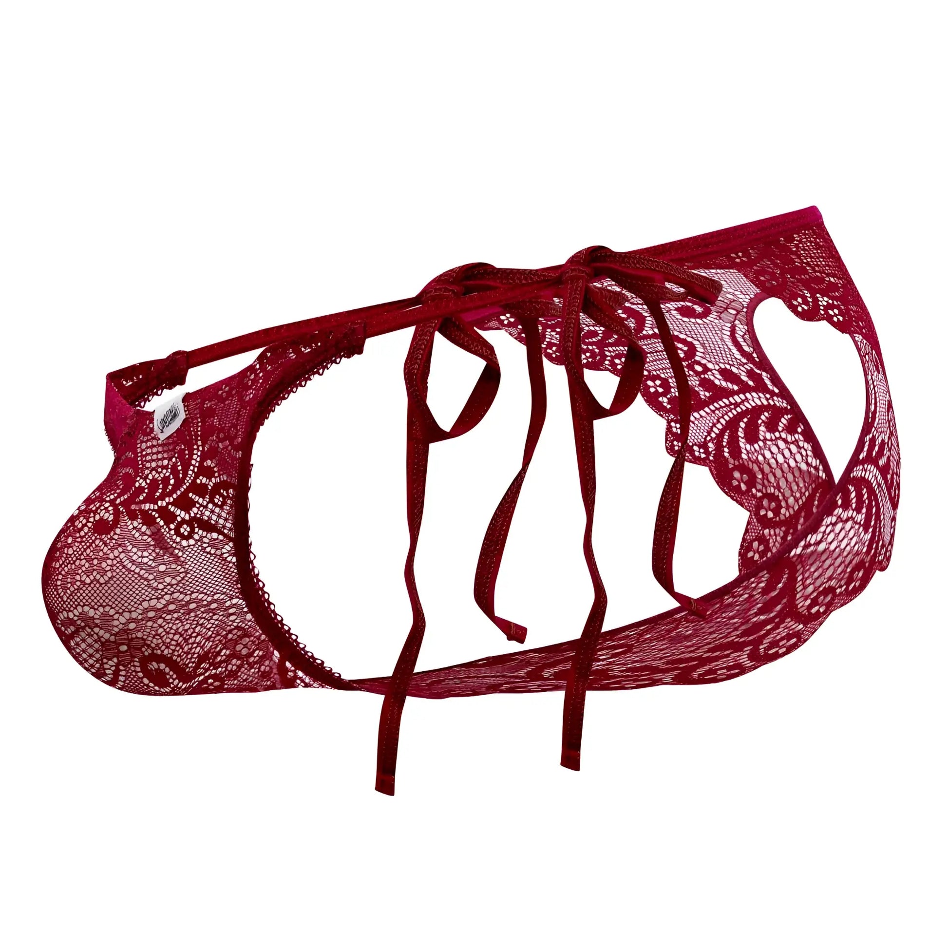 Burgundy candy man 99579 lace heart bikini featuring red lace thong with intricate floral patterns and adjustable ties