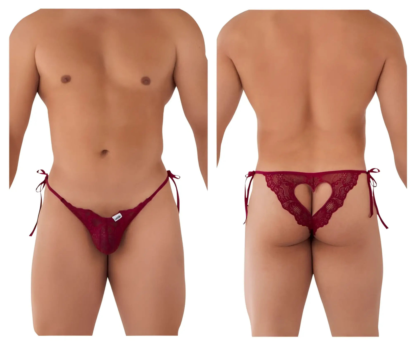 CandyMan 99579 burgundy lace heart bikini thong with heart-shaped cutout and tied side strings front view