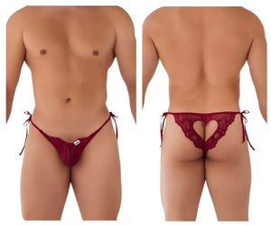 CandyMan 99579 burgundy lace heart bikini thong with heart-shaped cutout and tied side strings front view