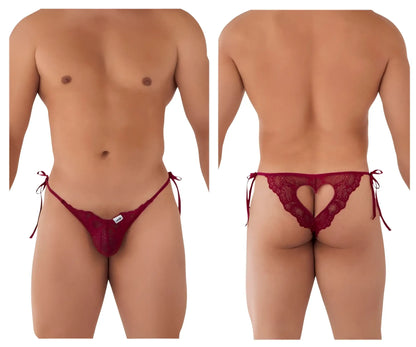 CandyMan 99579 burgundy lace heart bikini thong with heart-shaped cutout and tied side strings front view