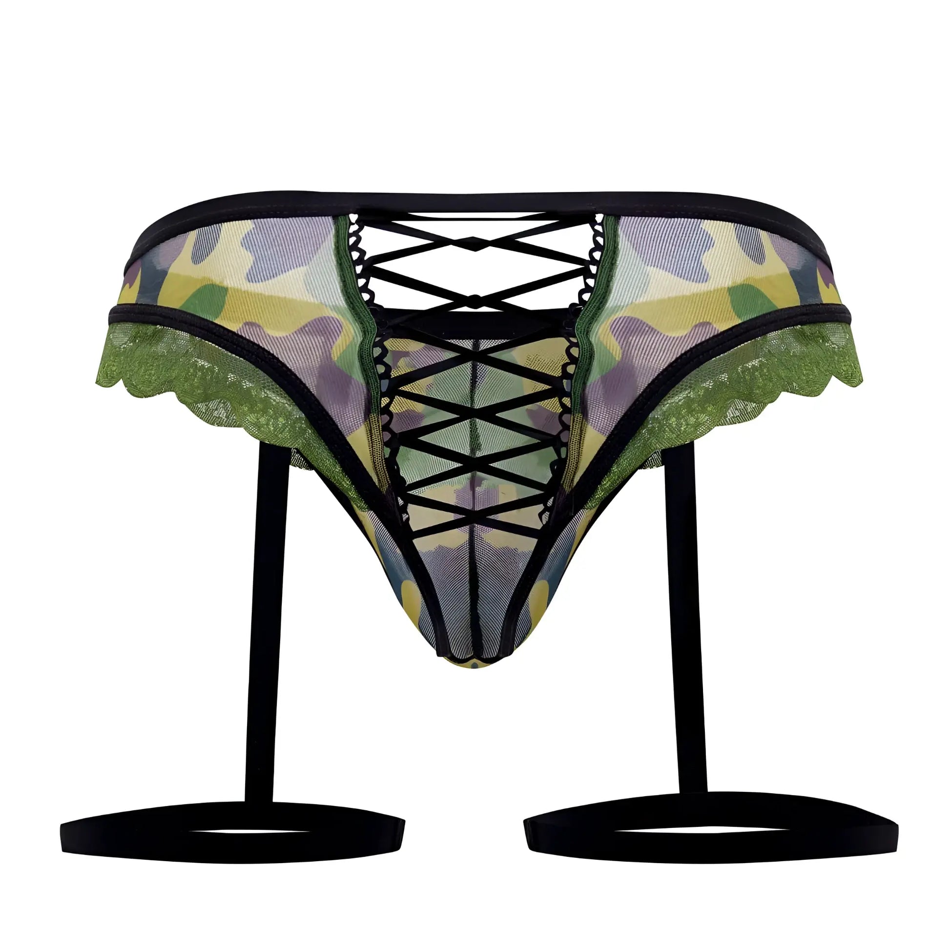 CandyMan 99580X garter camo thongs in green featuring camouflage lace-trimmed garter belt with black crisscross lacing and adjustable straps